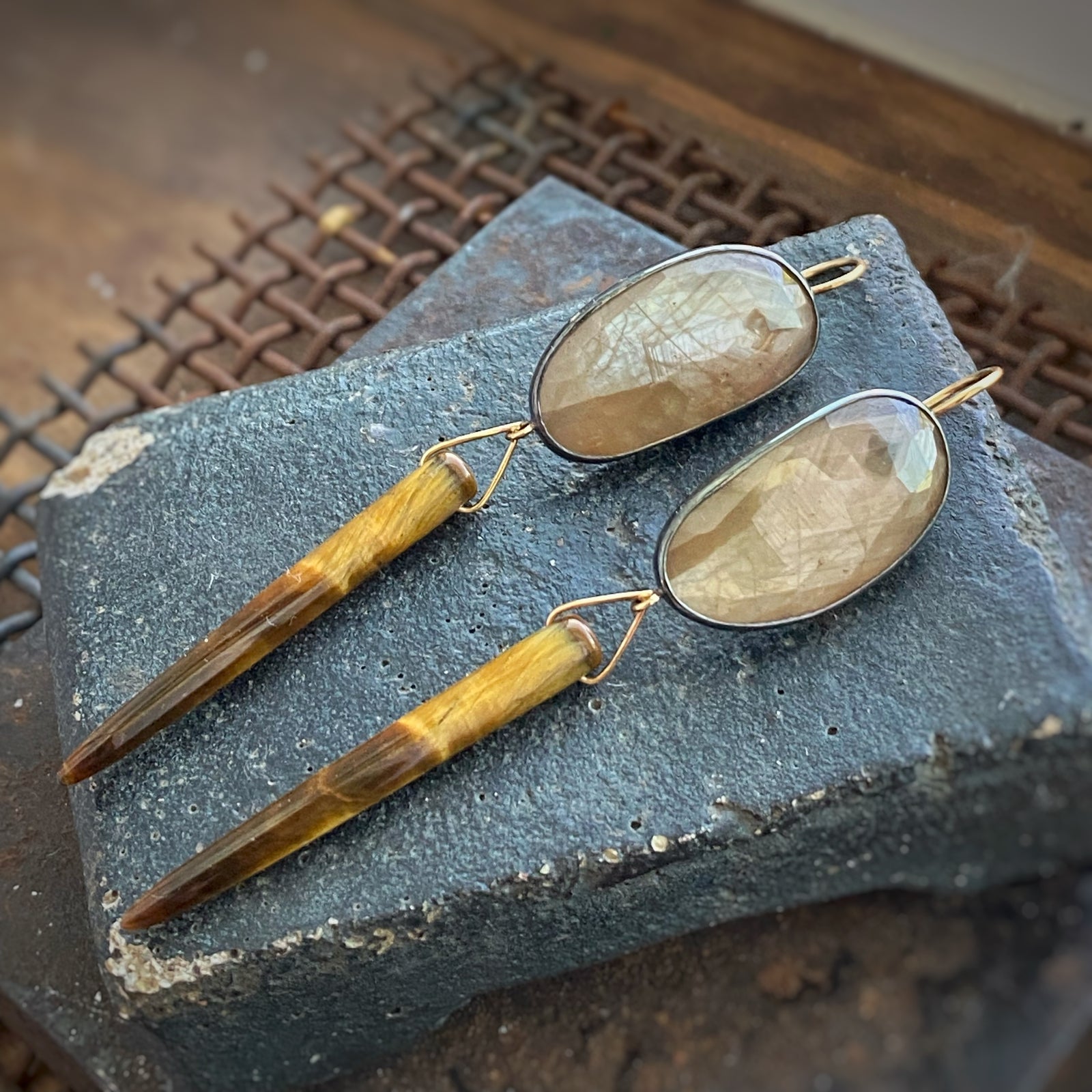Champagne Sapphire and Tiger’s Eye Earrings