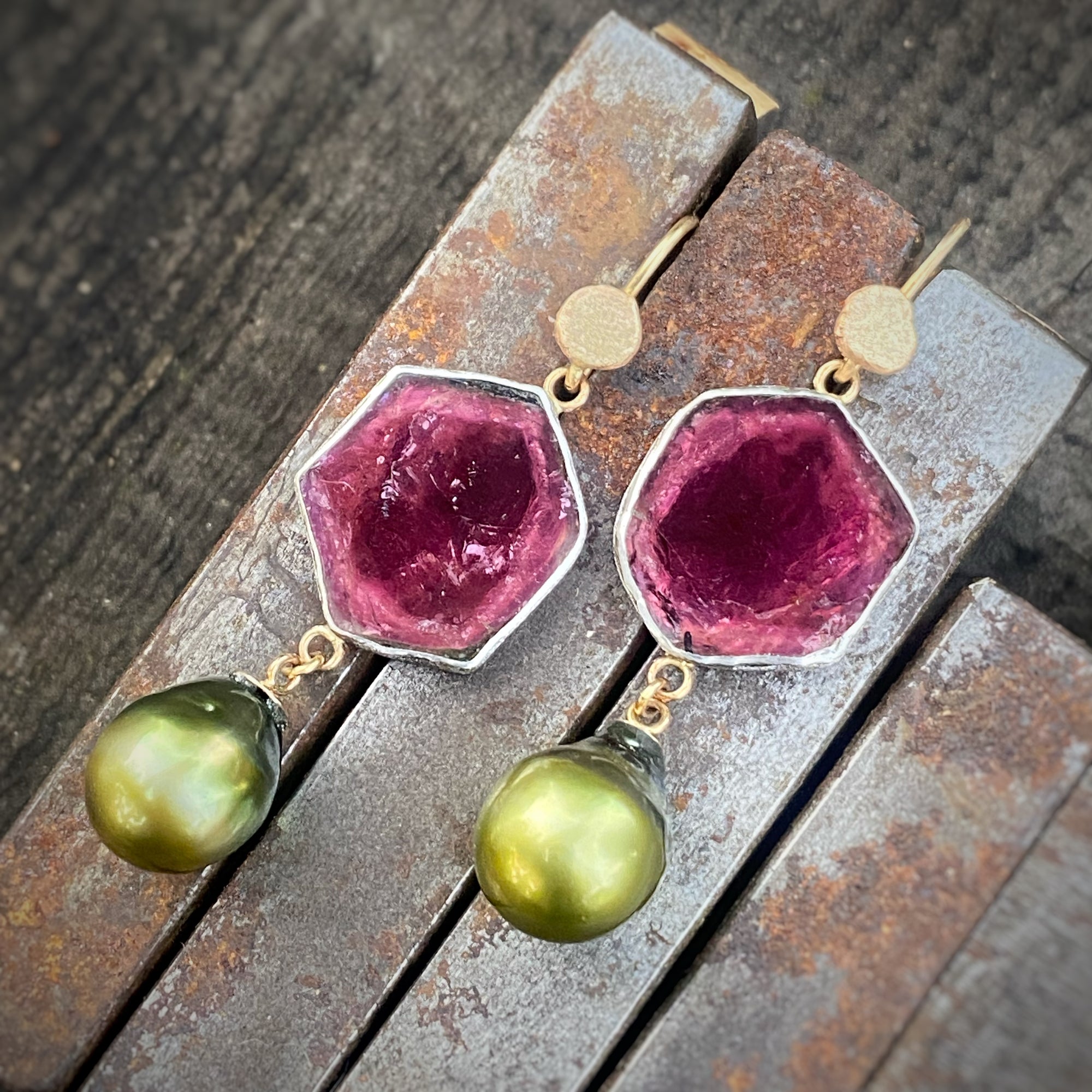 Pink Tourmaline & South Sea Pearl Earrings