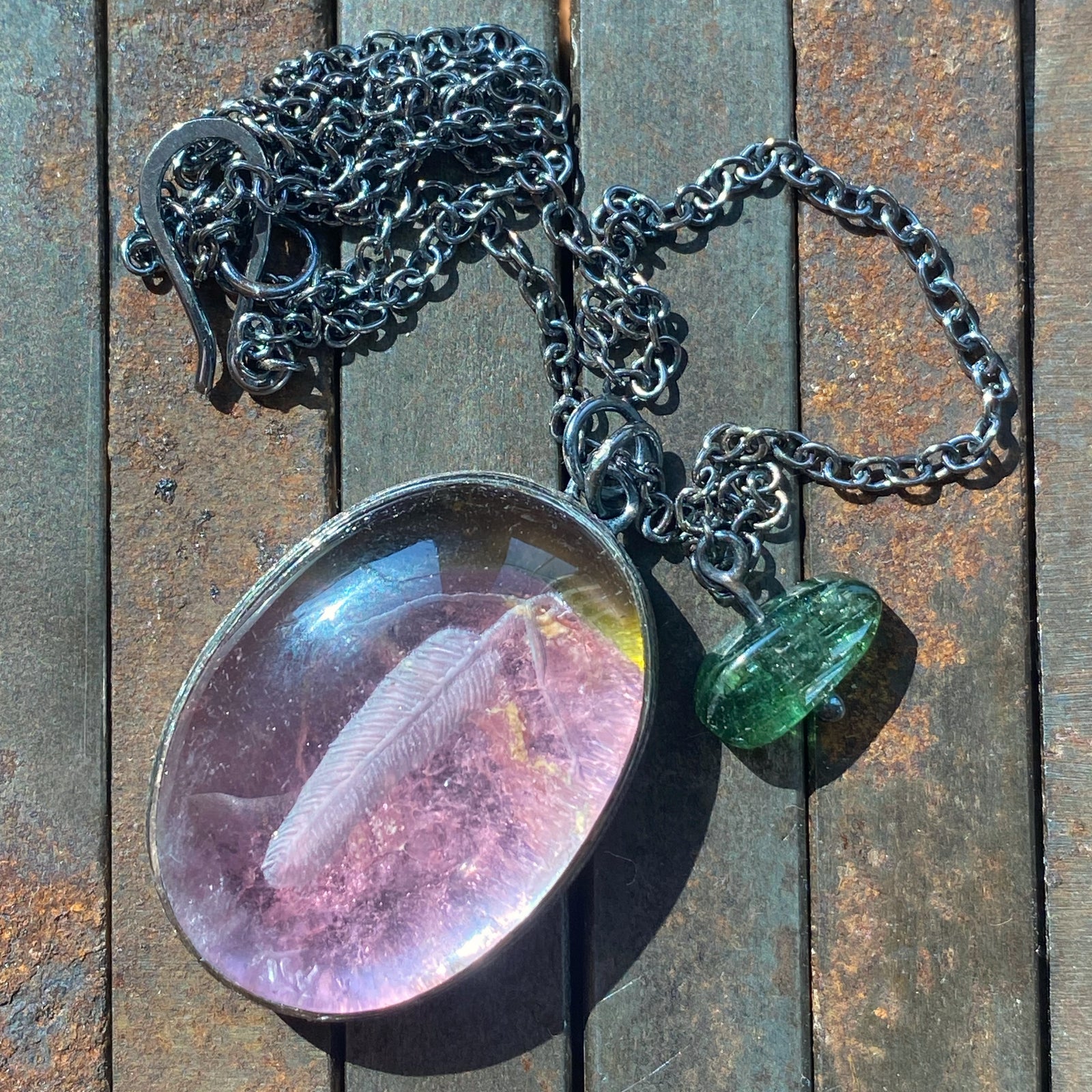 Feather Reverse Intaglio over Watermelon Tourmaline Necklace