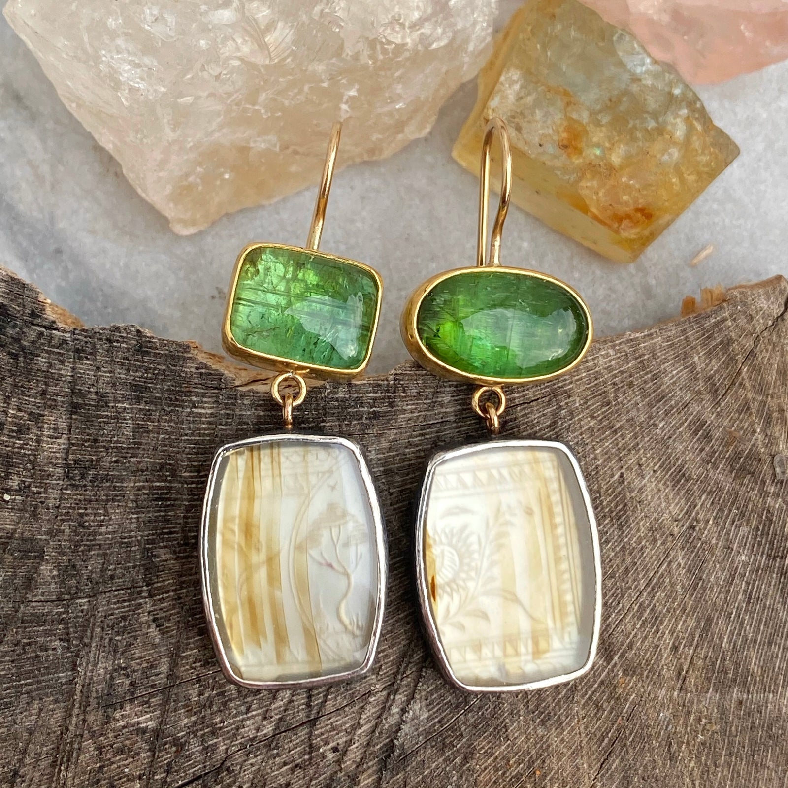 Apple Green Tourmaline and Montana Agate Earrings with Antique Chinese Mother of Pearl Gaming Token