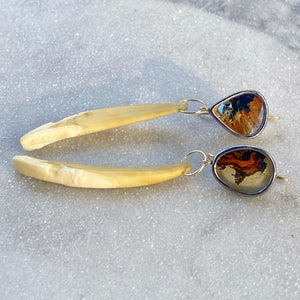 Dendritic and Golden Rutilated Quartz Earrings with Wild Boar Teeth