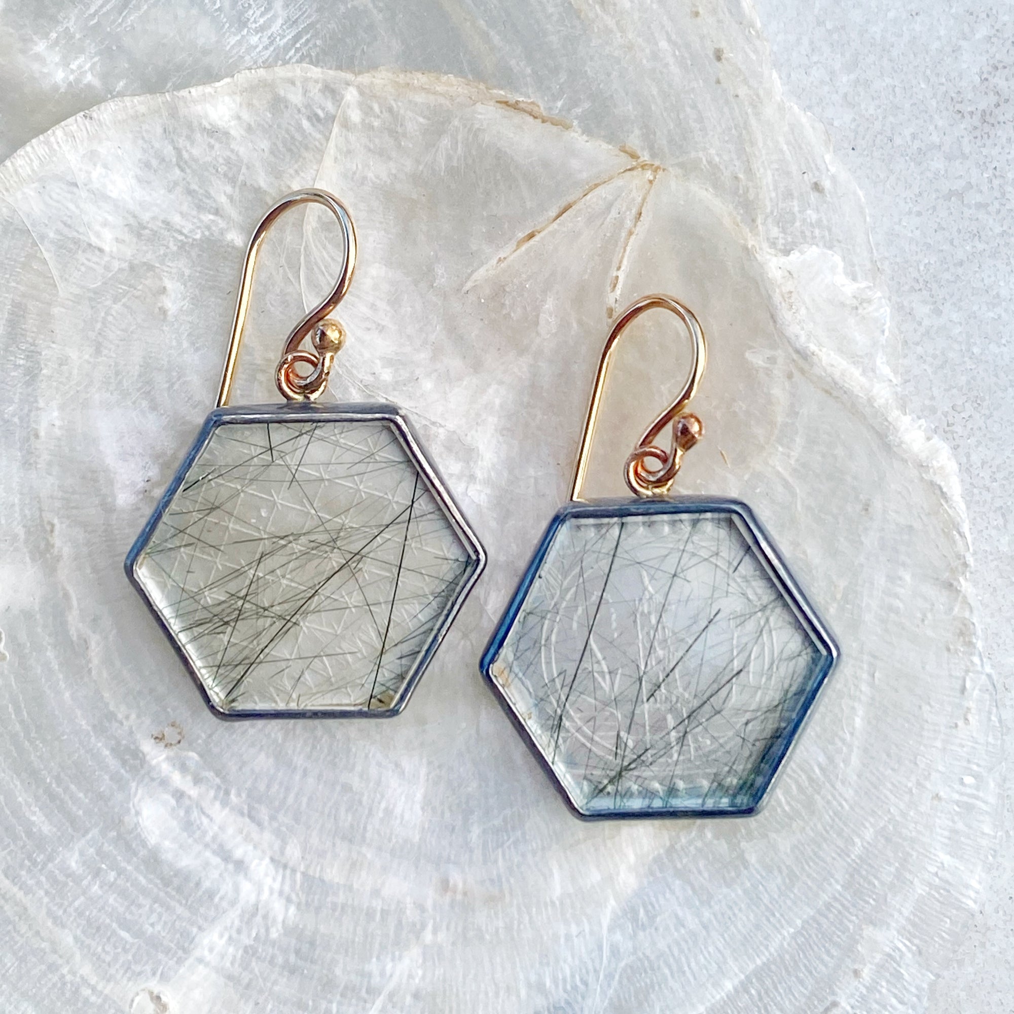 Tourmalinated Quartz Earrings with Antique Chinese Mother of Pearl Gaming Token