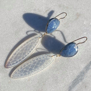 Sapphire and Antique Mother of Pearl Chinese Gaming Token Earrings