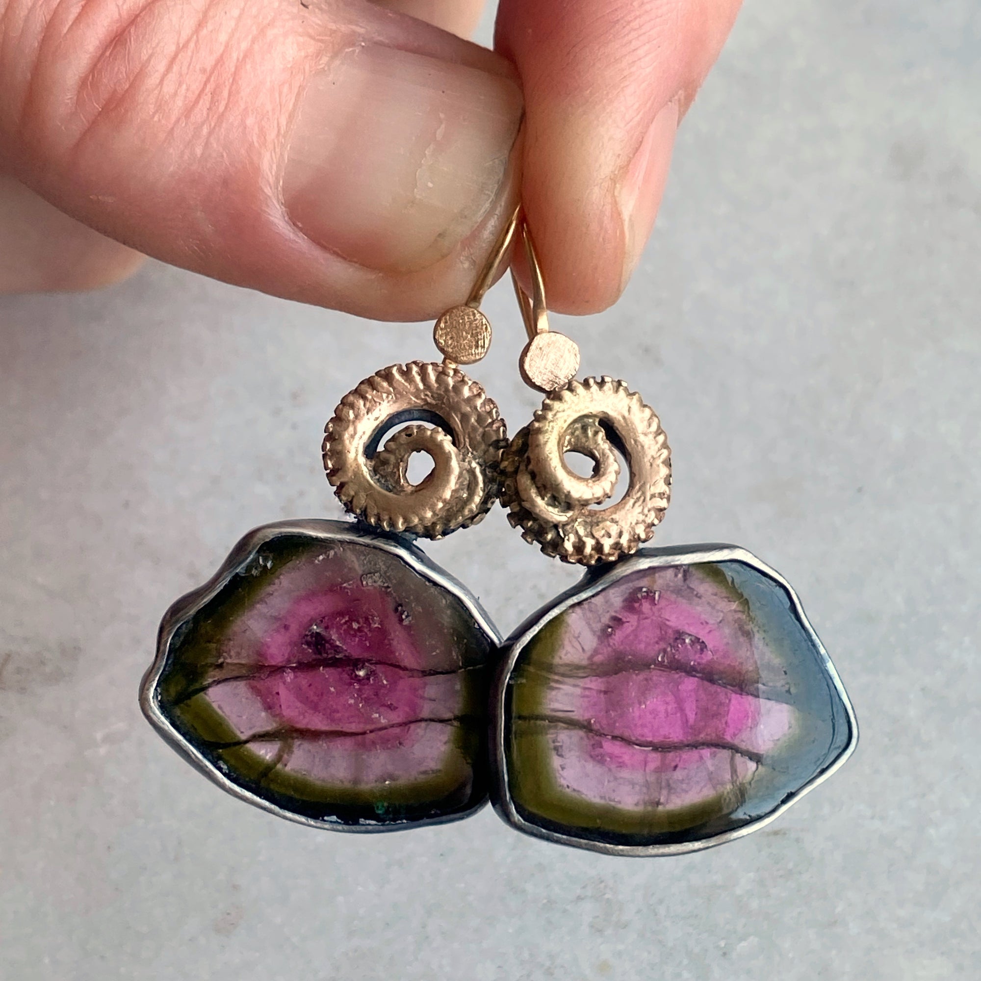 Striated Watermelon Tourmaline Slice Earrings with Octopus Tentacles