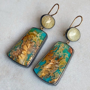 Golden Sapphire and Plume Agate Doublet Earrings