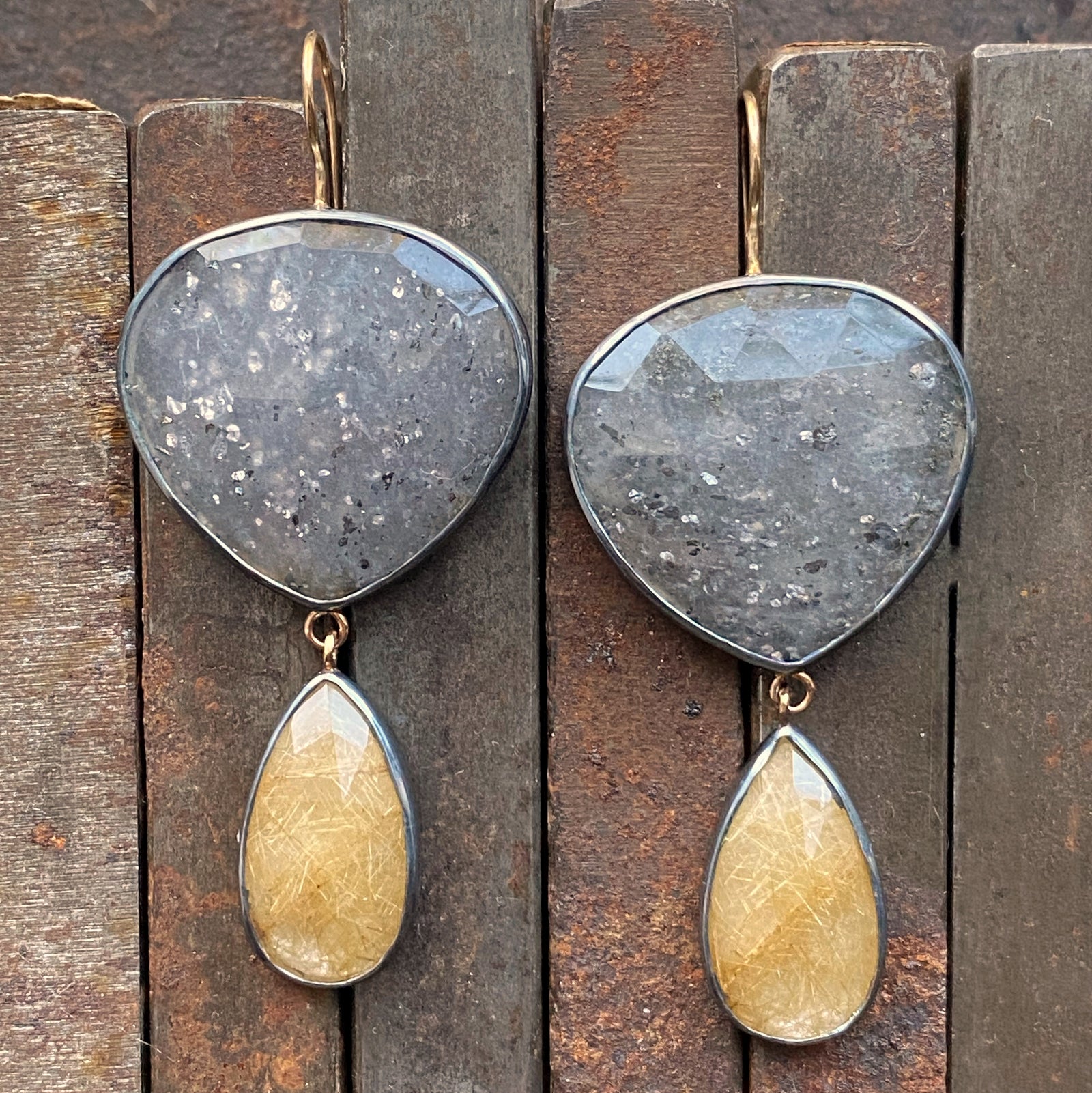 Black Sunstone and Golden Rutilated Quartz Earrings