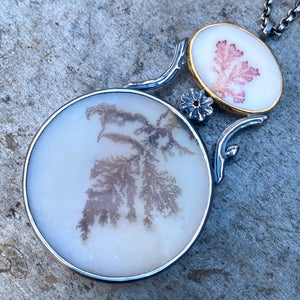 Convertible Pendant/Brooch with Dendritic Agate and Antique Heart-Shaped Glass Posey Vase