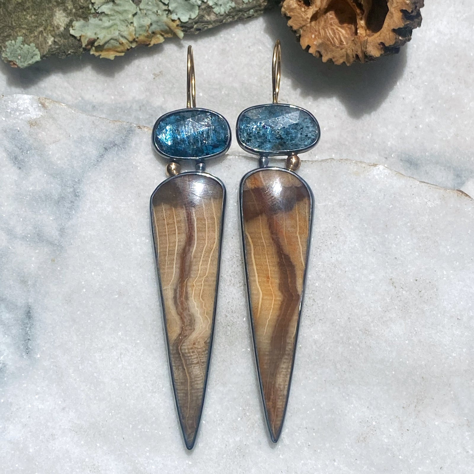 Petrified Oak Wood and Speckled Teal Kyanite Earrings