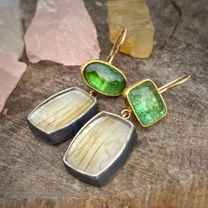 Apple Green Tourmaline and Montana Agate Earrings with Antique Chinese Mother of Pearl Gaming Token