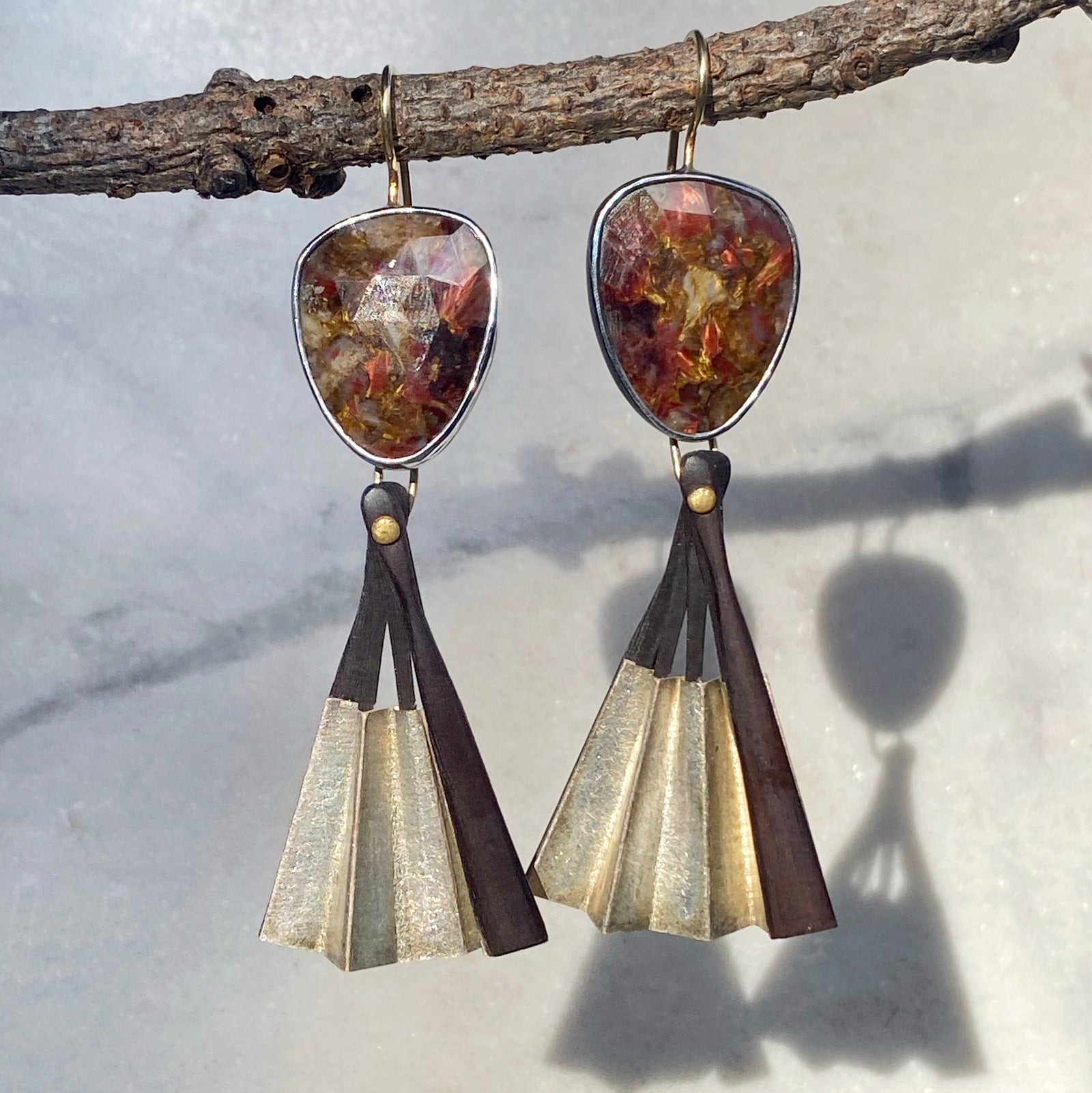 Red Pietersite Earrings with Detachable Vintage Wood and Paper Fans