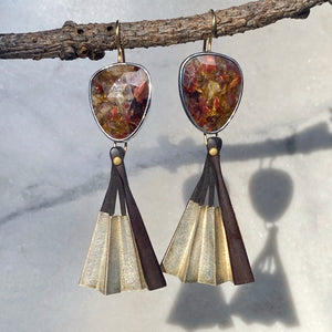Red Pietersite Earrings with Detachable Vintage Wood and Paper Fans