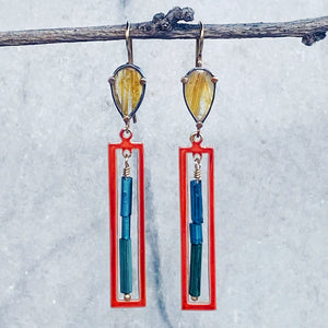 Golden Rutilated Quartz Earrings with Vintage Enamel and Tourmaline