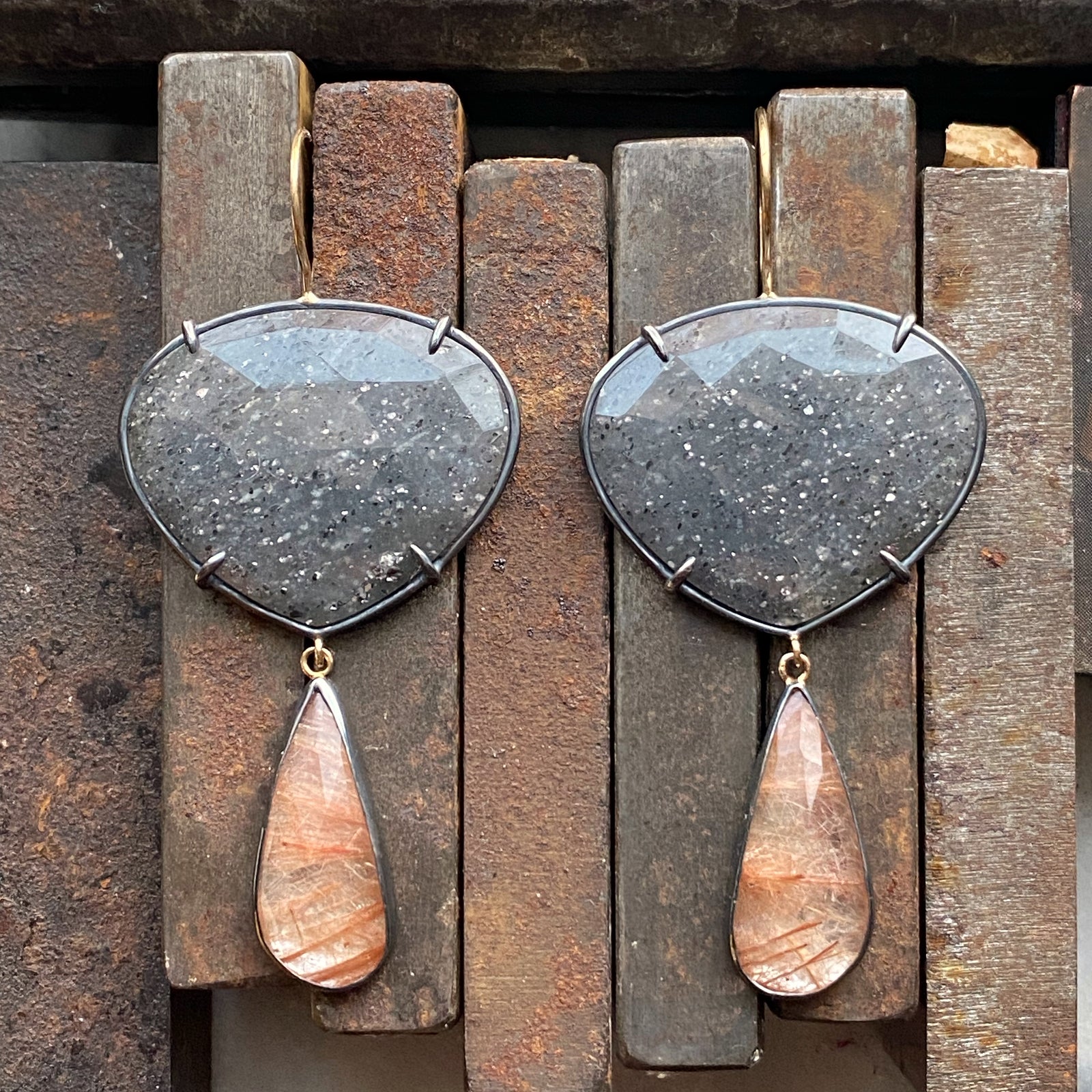 Black Sunstone and Copper in Quartz Earrings