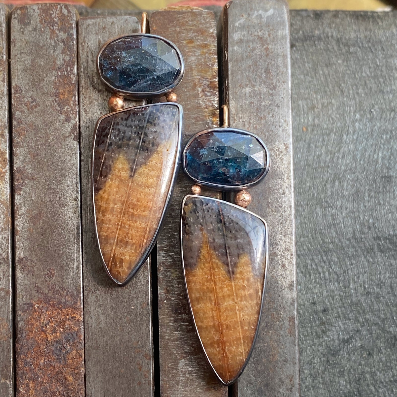Petrified Oak Wood and Speckled Teal Kyanite Earrings
