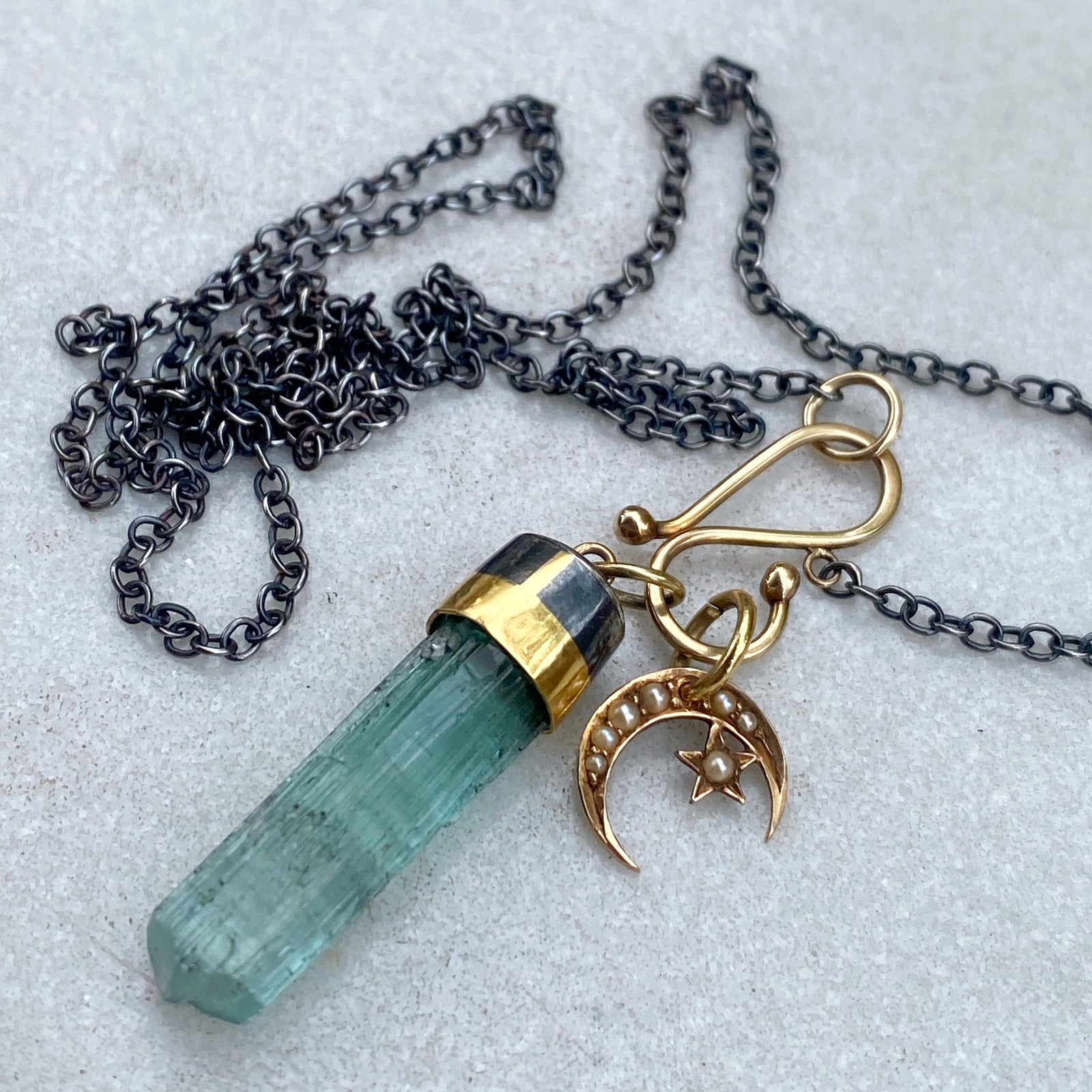 Tourmaline Wand and Antique Crescent Moon with Pearls Charms