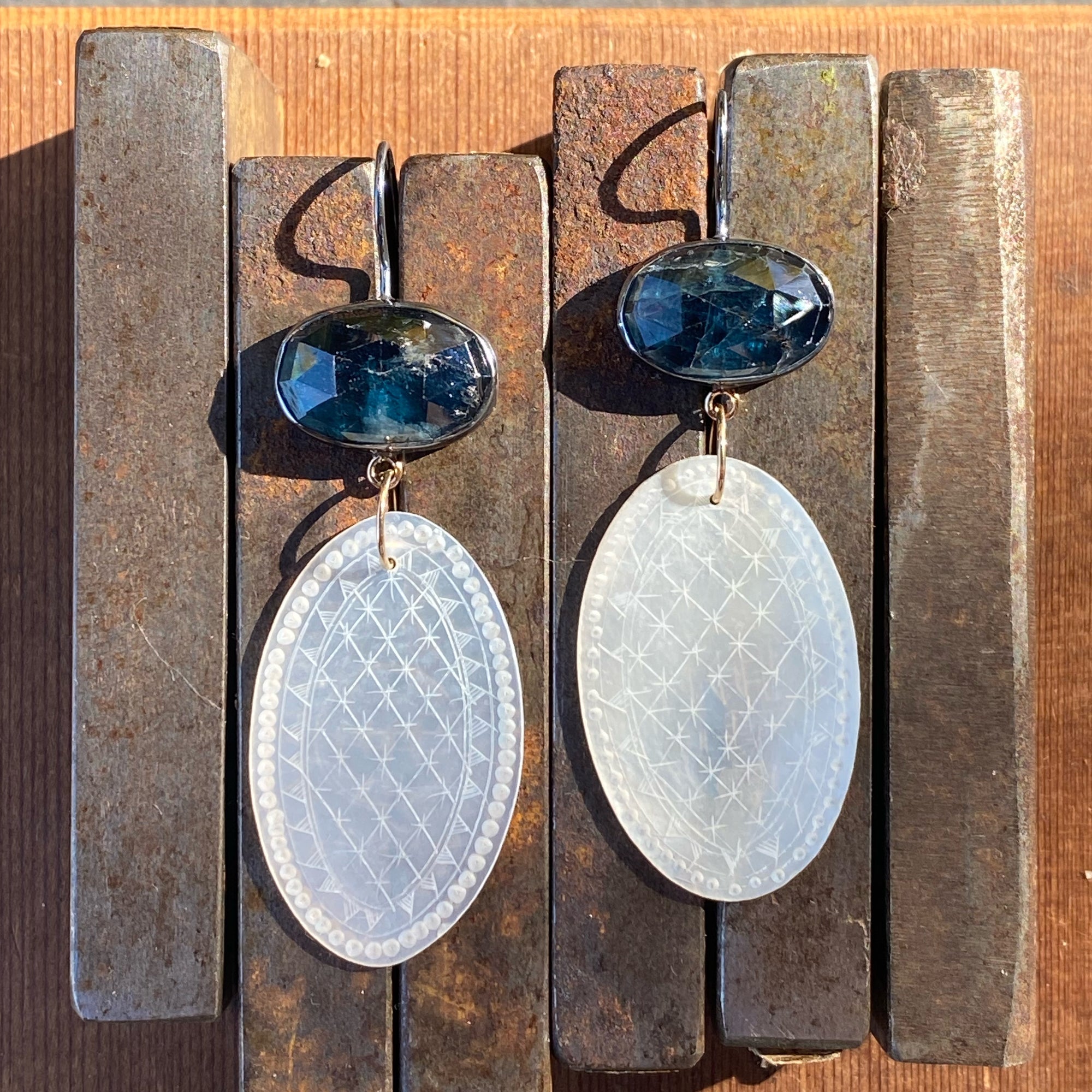 Teal Speckled Kyanite and Antique Mother of Pearl Chinese Gaming Token Earrings