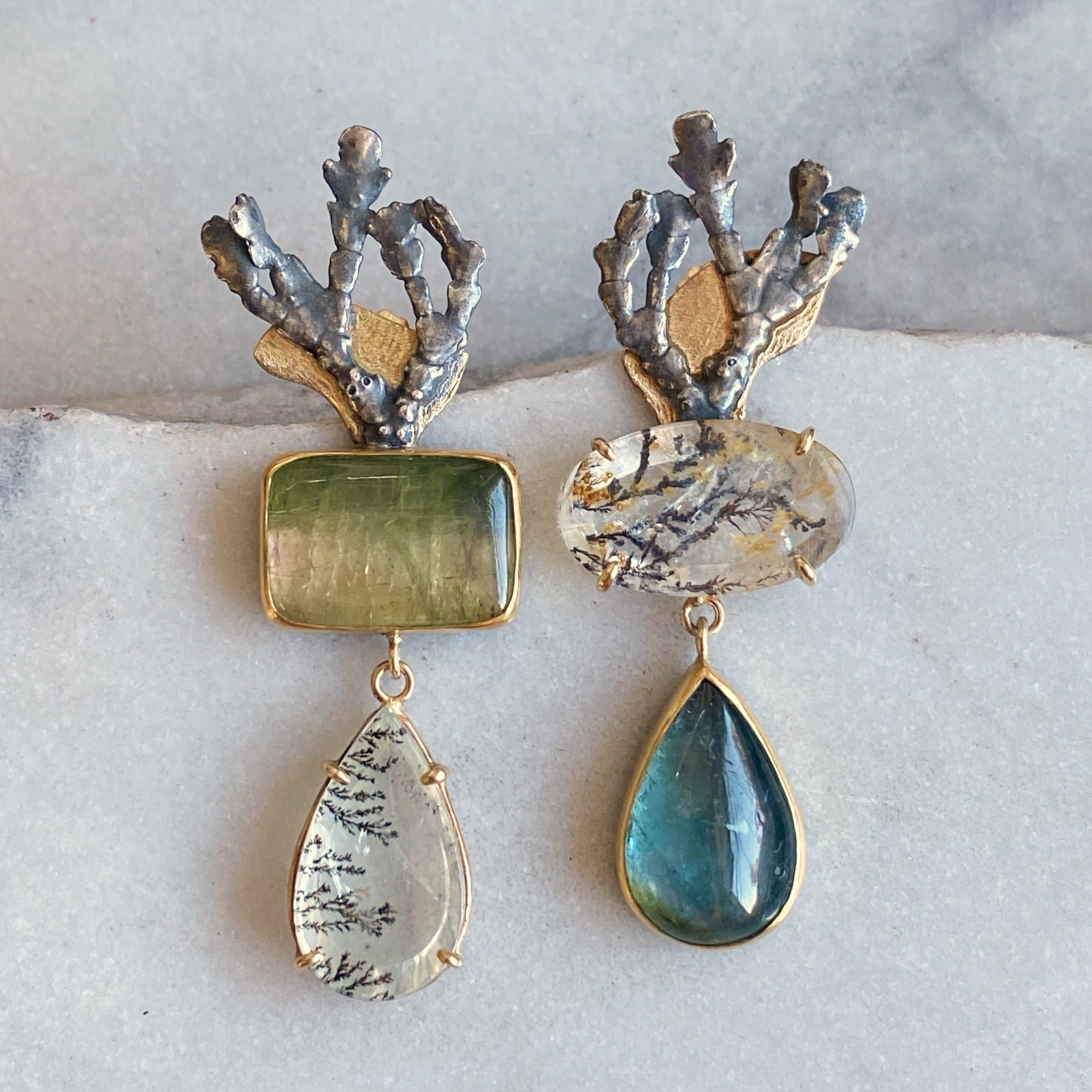 Blue-Green Tourmaline and Dendritic Quartz Earrings with Coral Skeleton
