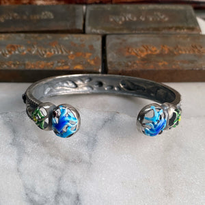 1920s Sterling Silver Enamel Floral Cuff Bracelet