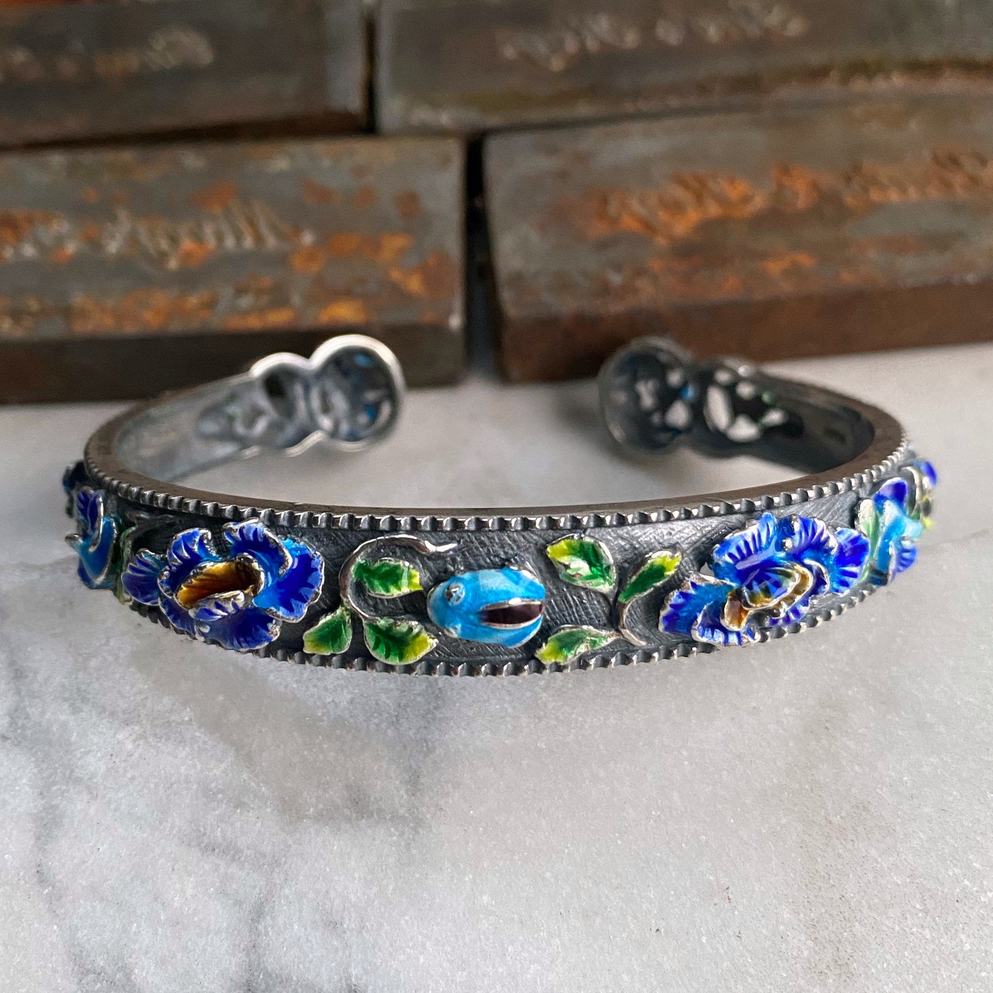 1920s Sterling Silver Enamel Floral Cuff Bracelet