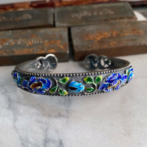 1920s Sterling Silver Enamel Floral Cuff Bracelet