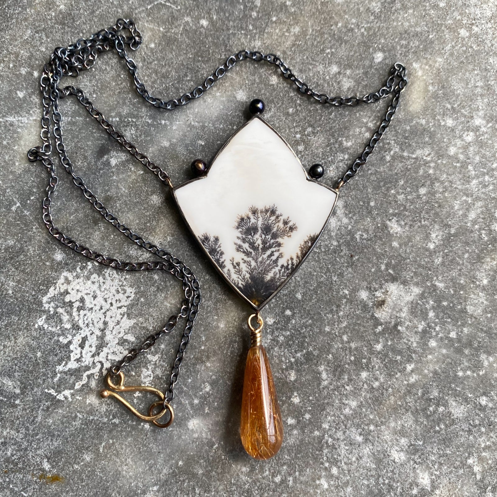 Dendritic Agate, Golden Rutilated Quartz, and Pearl Necklace