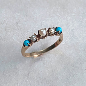 Victorian 12K Yellow Gold Turquoise and Pearl Ring