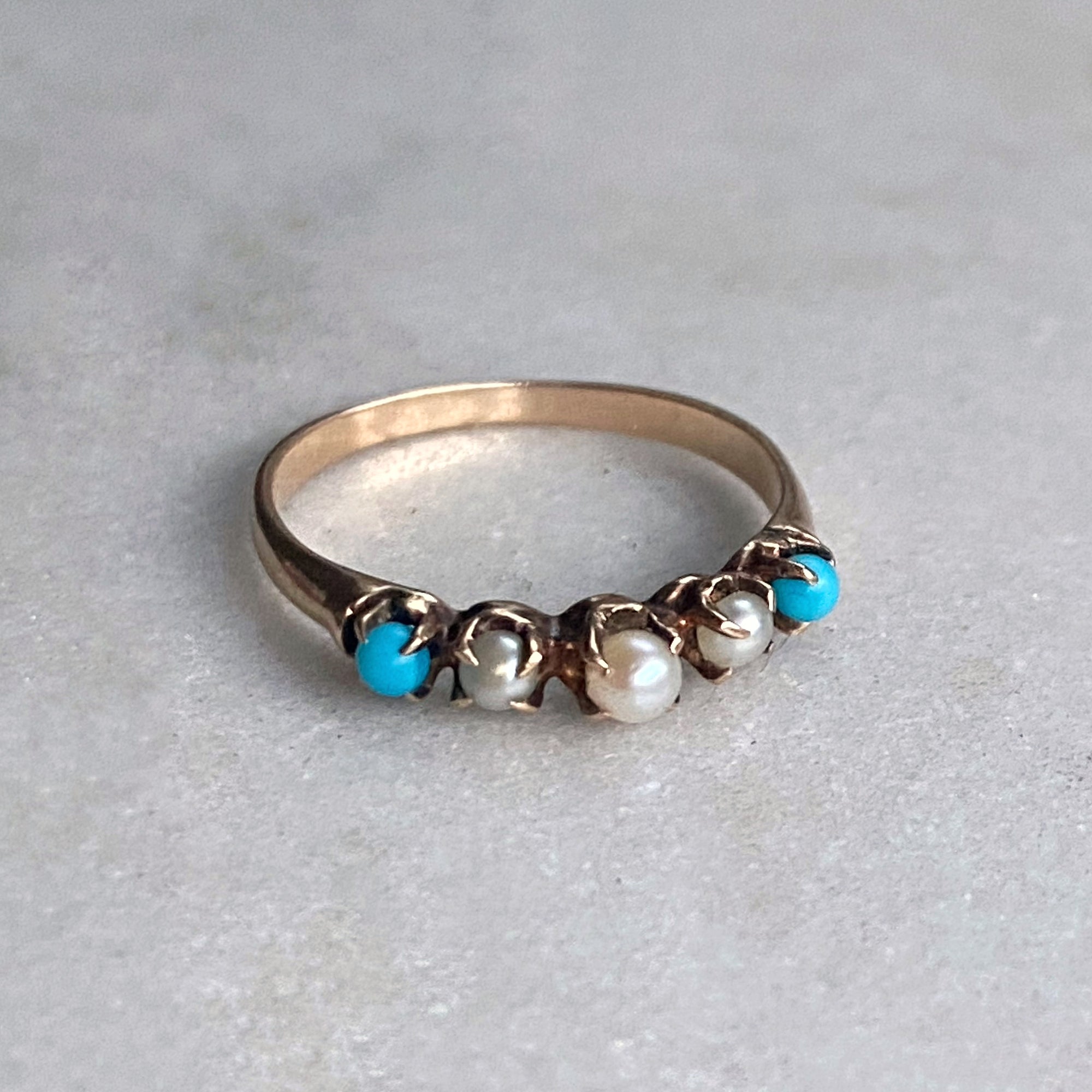 Victorian 12K Yellow Gold Turquoise and Pearl Ring