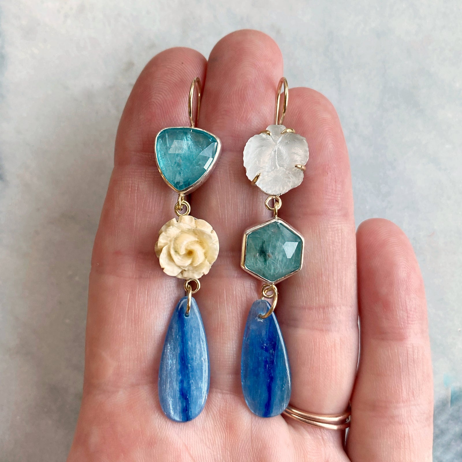 Kyanite Earrings with Antique Floral Carvings