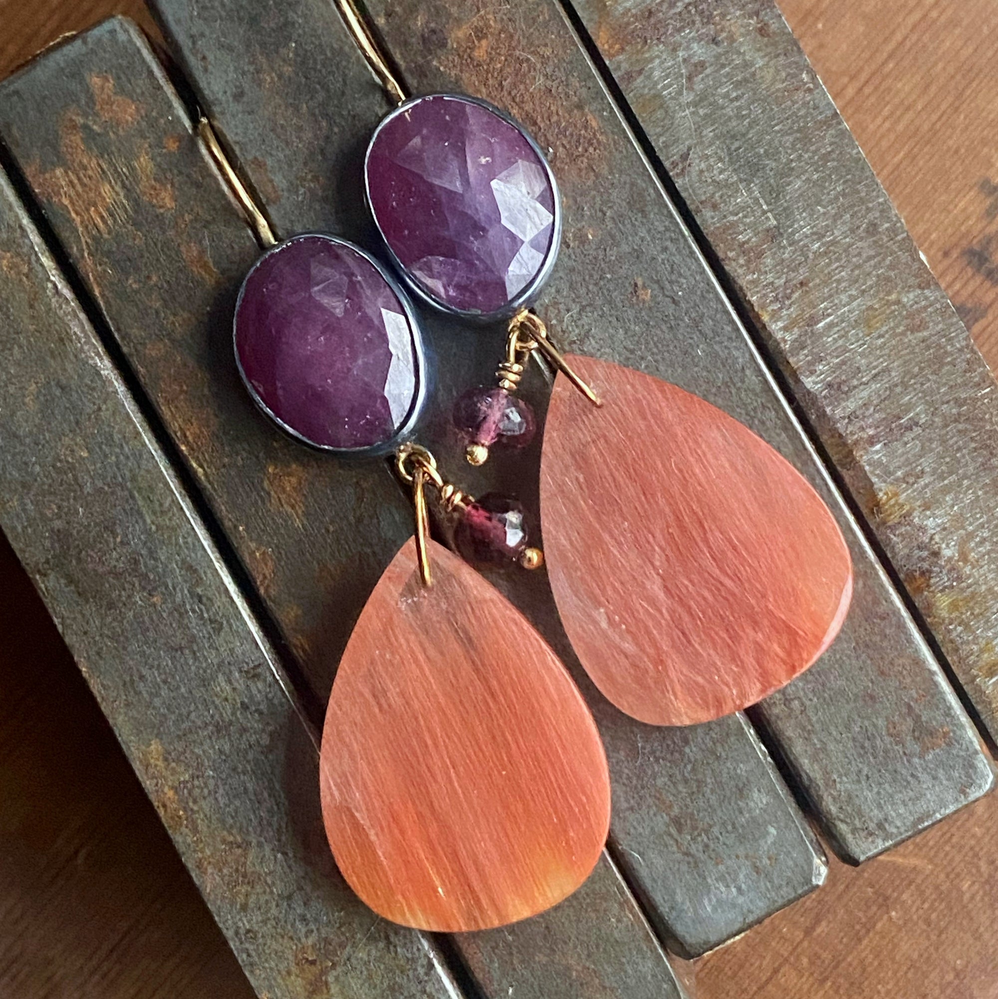 Ruby and Auburn Amazonite Earrings with Pink Tourmaline Beads