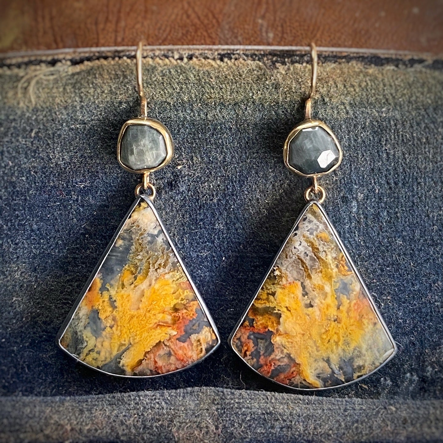 Chatoyant Grey Quartz and Plume Agate Doublet Earrings