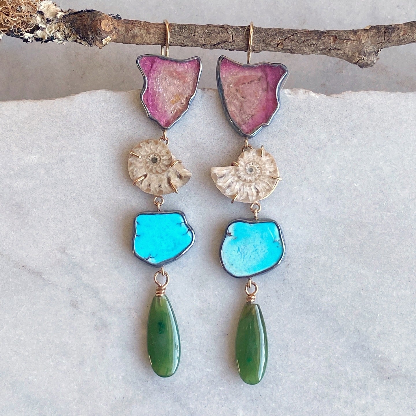 Pink Tourmaline, Ammonite, Golden Hills Turquoise, and Jade Earrings
