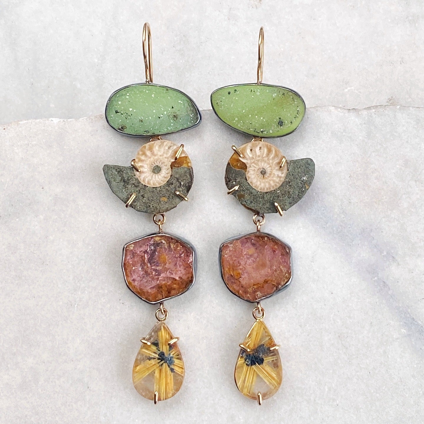 Drusy, Ammolite, Peach Tourmaline, and Golden Rutilated Quartz Earrings