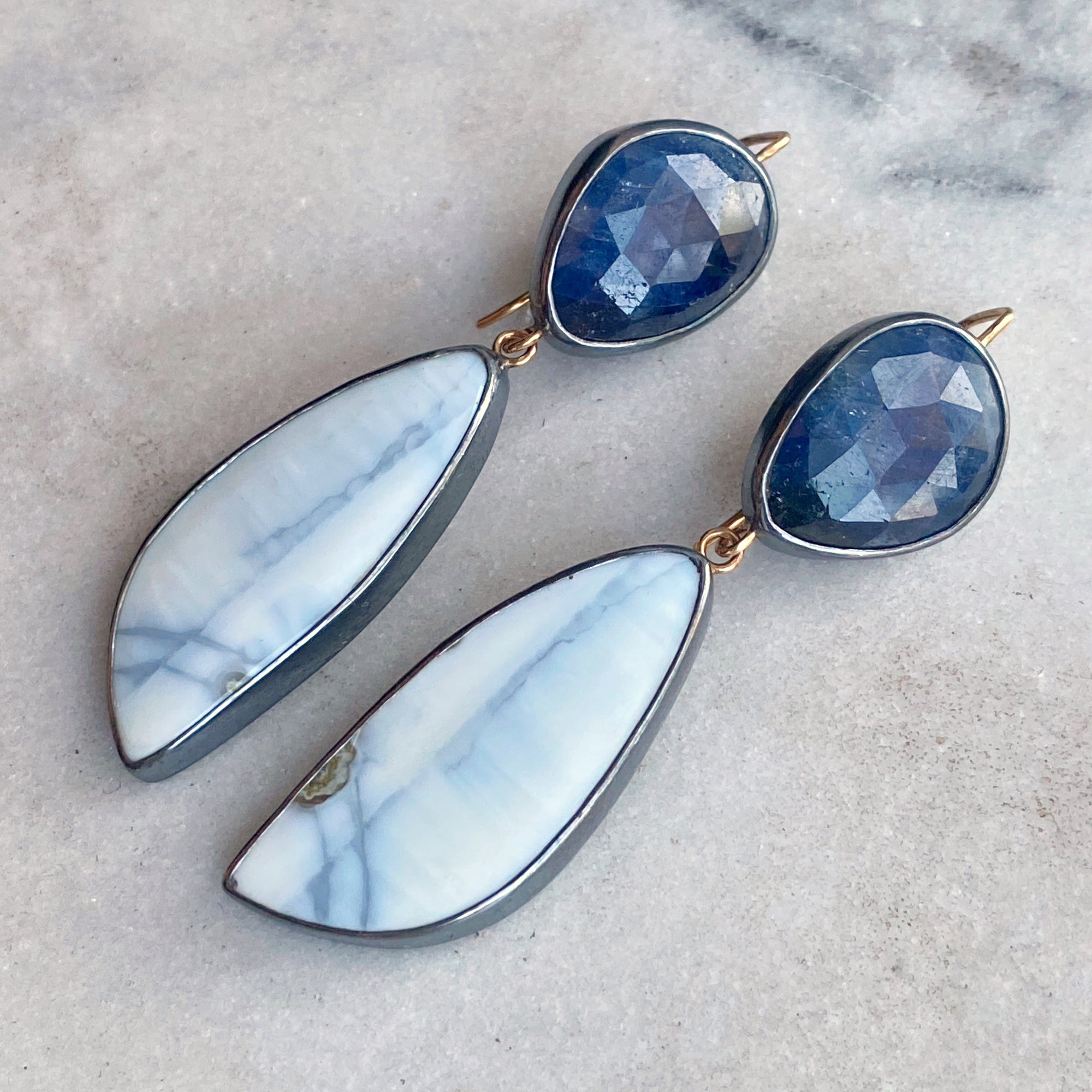 Sapphire Earrings with Opalized Fossilized Wood