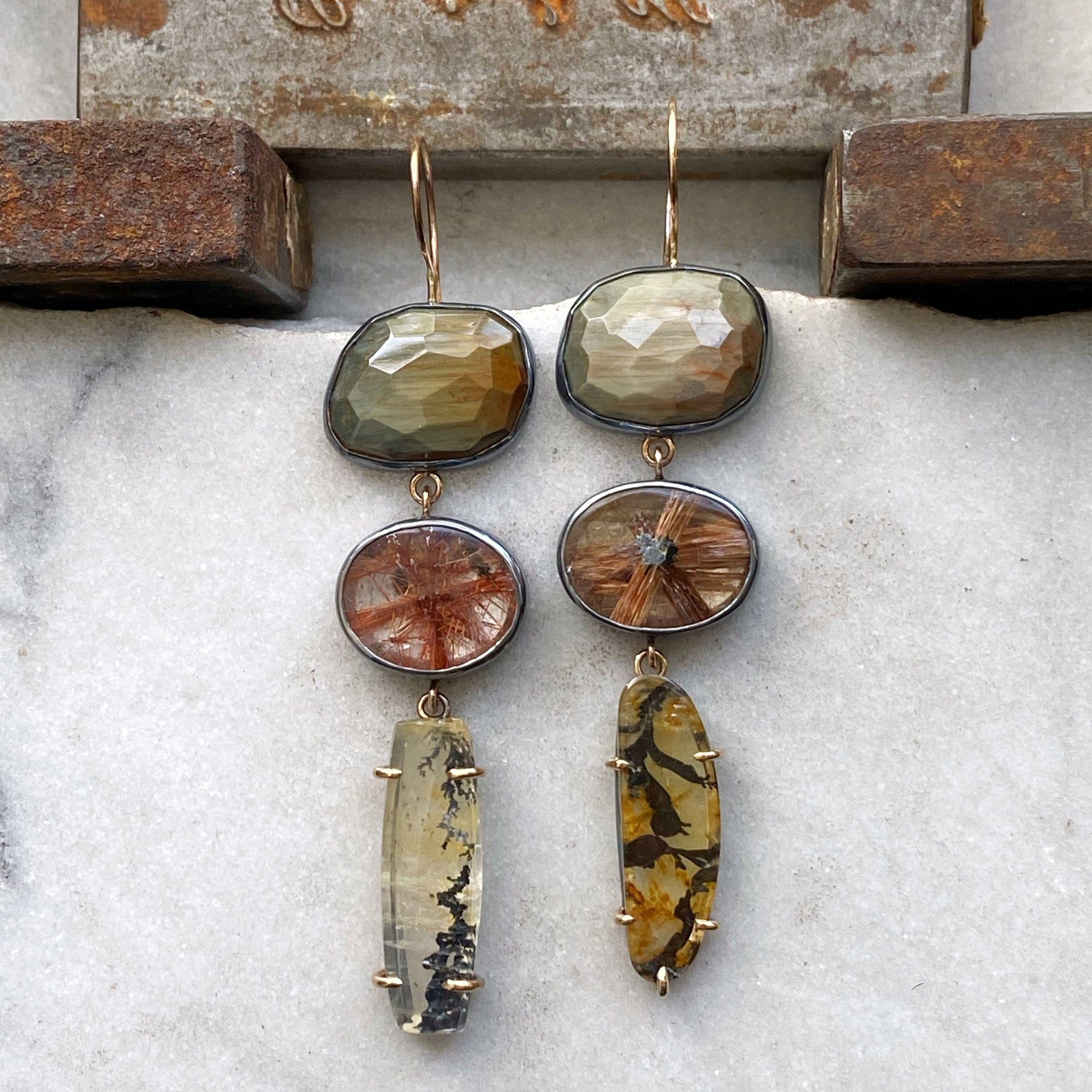 Chatoyant Grey, Copper Star Rutilated, and Dendritic Quartz Earrings