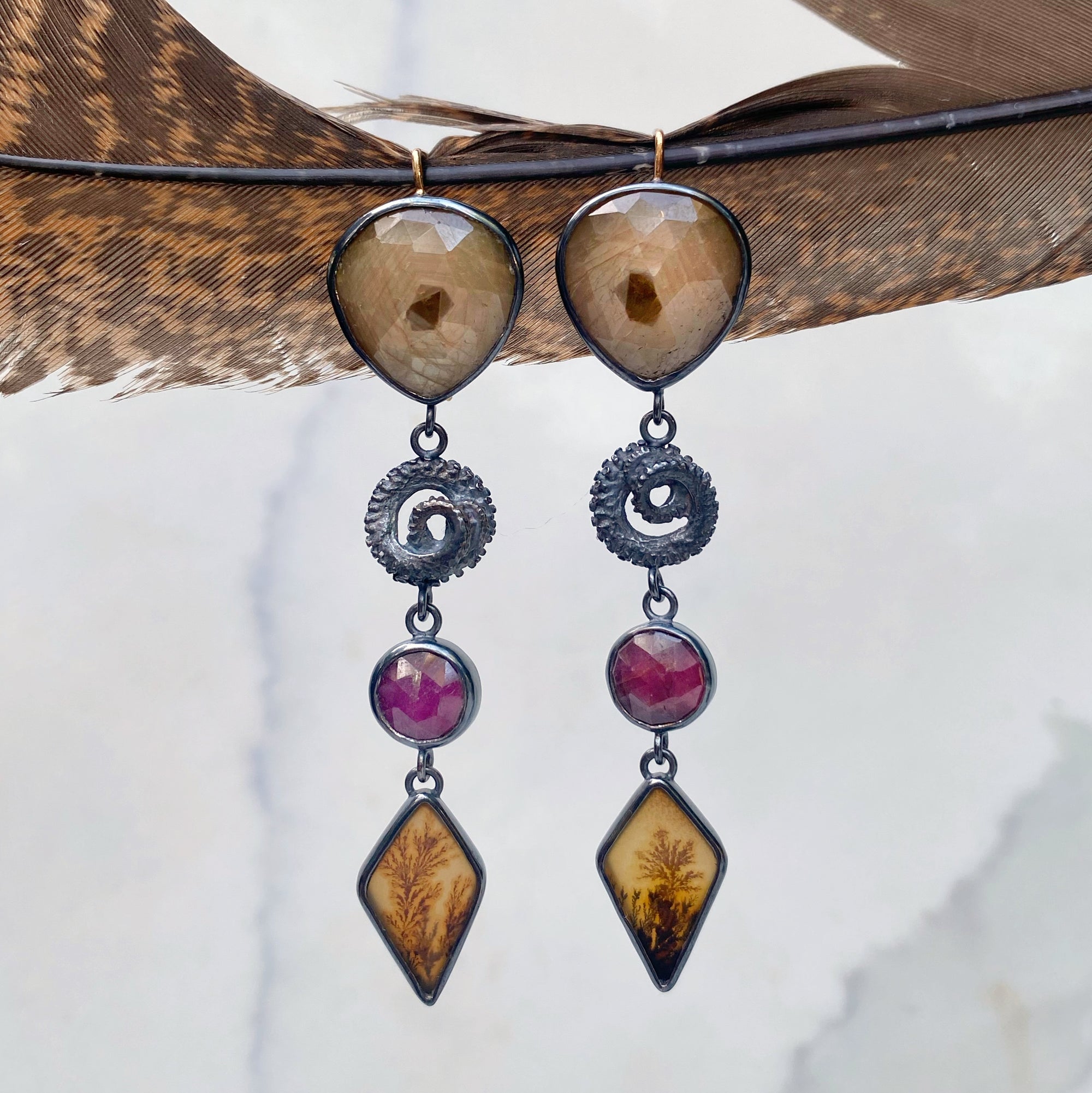 Champagne Sapphire, Ruby, and Dendritic Agate Earrings with Octopus Tentacle