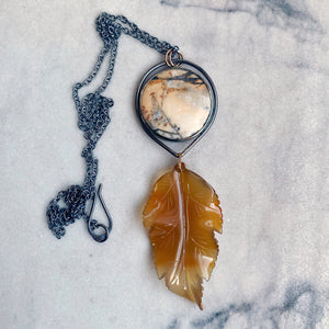 Maligano Jasper Necklace with Golden Agate Carved Leaf