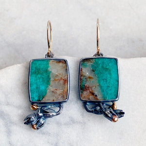 Amazonite in Quartz Earrings with Seedpods and Golden ‘Buds’