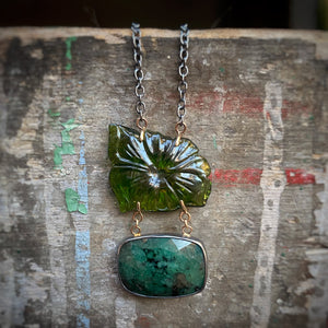 Carved Green Tourmaline Flower and Emerald Necklace