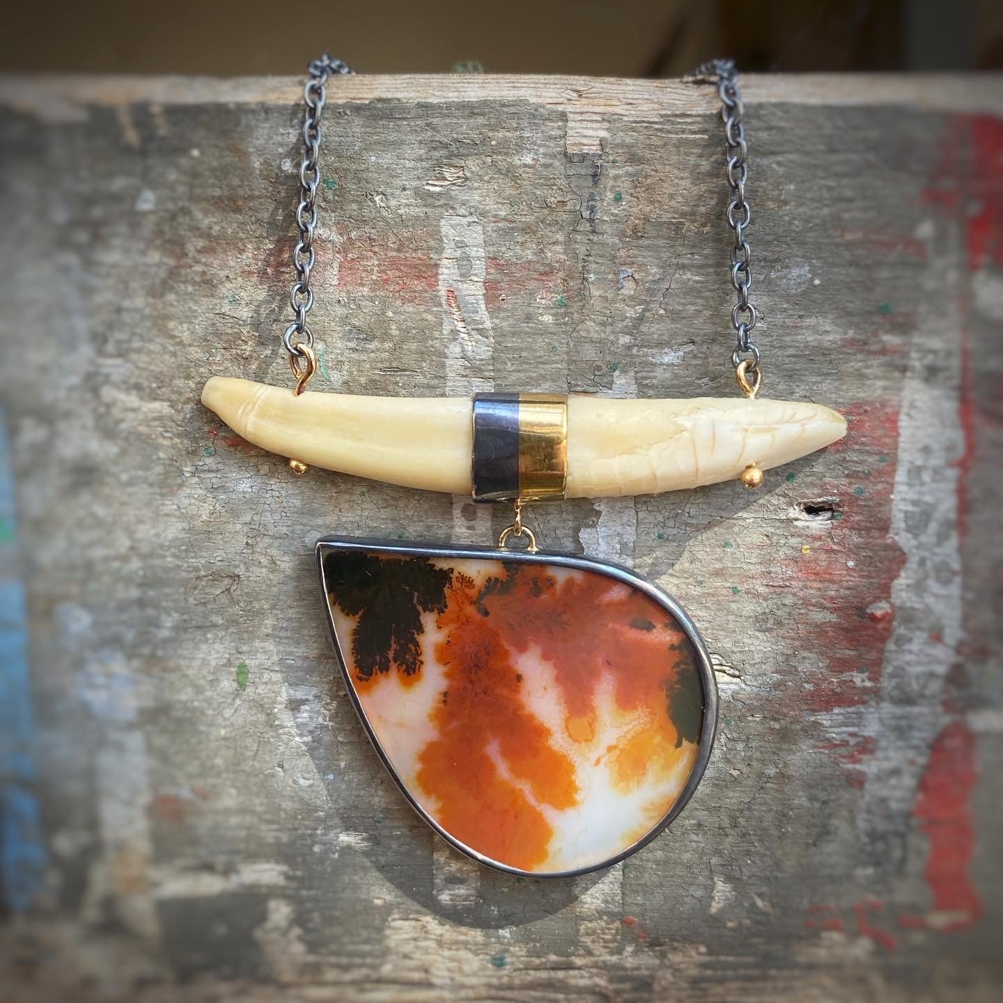 Dendritic Agate and Wild Boar Tooth Necklace