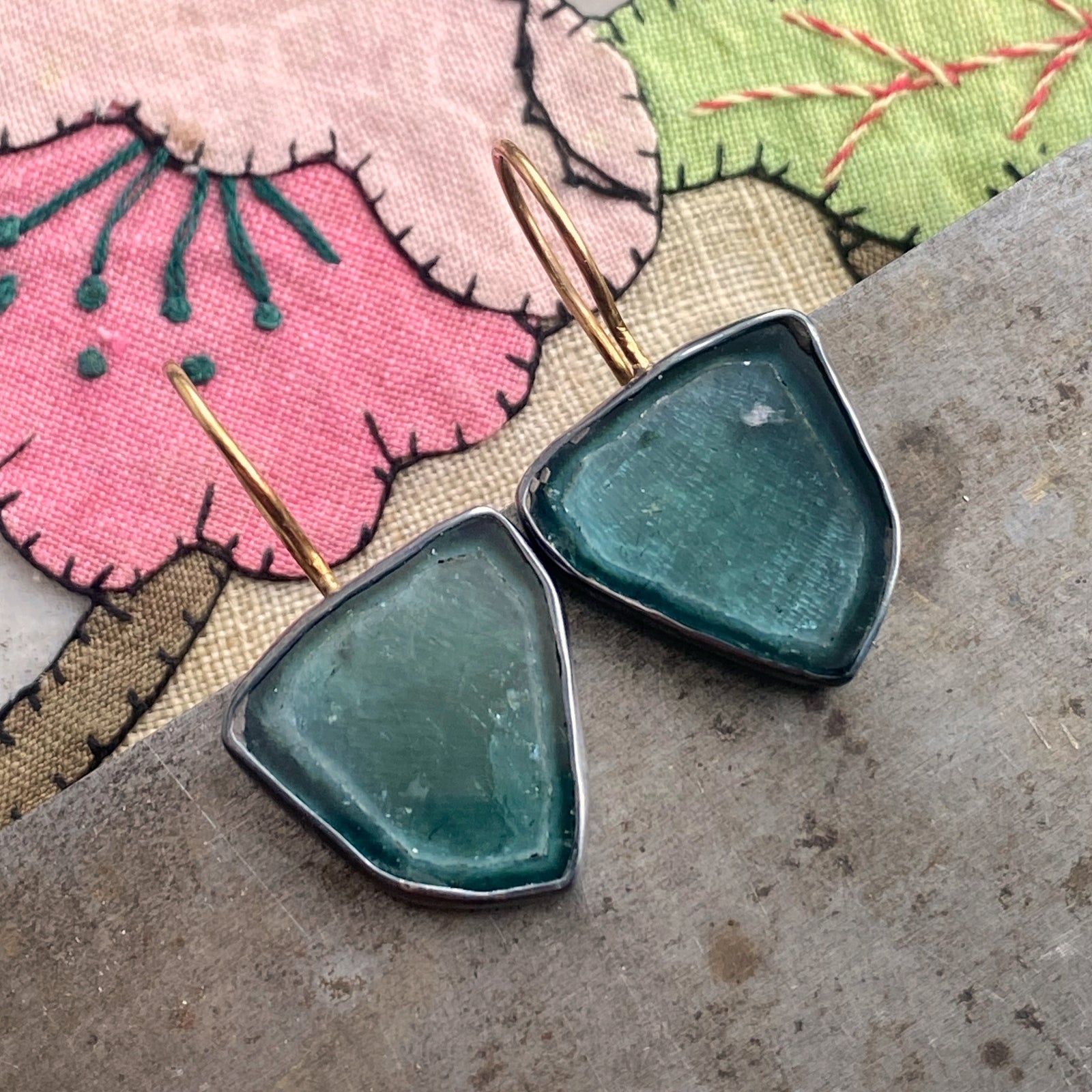 Teal Tourmaline Slice Earrings