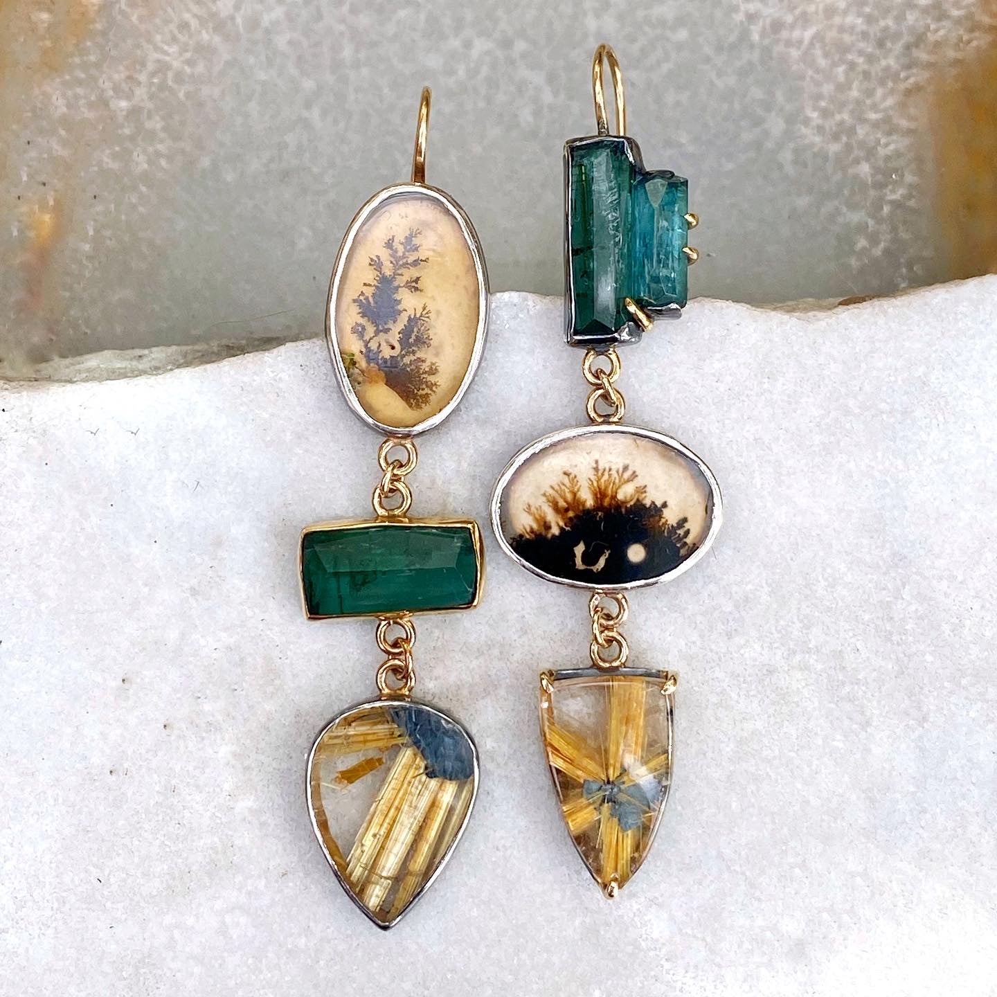 Teal Tourmaline, Dendritic Agate and Golden Star Rutilated Quartz Earrings