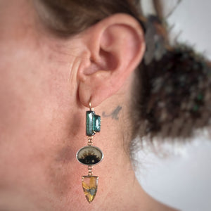 Teal Tourmaline, Dendritic Agate and Golden Star Rutilated Quartz Earrings