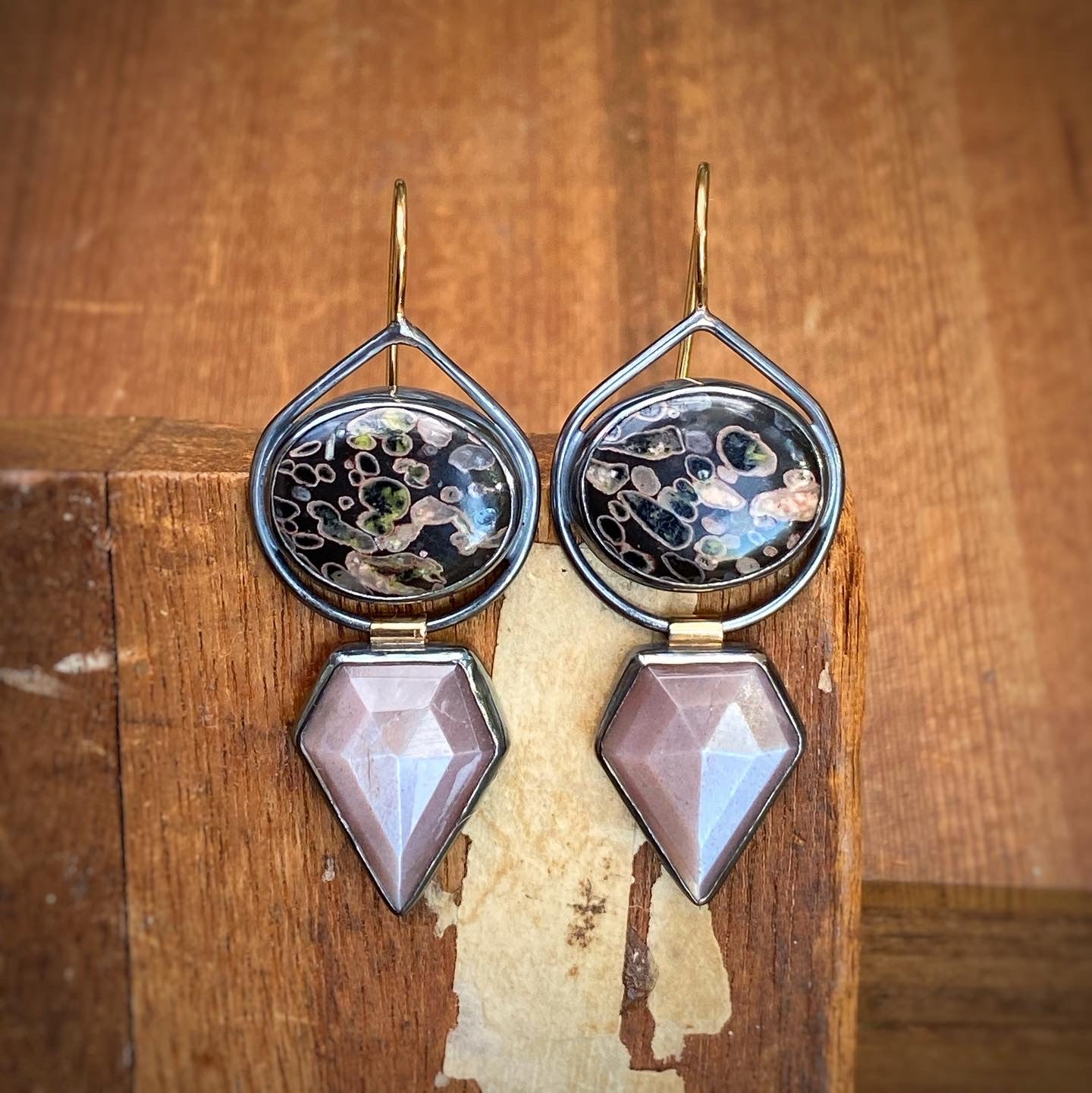Volcanic Porphyry and Peach Moonstone Earrings