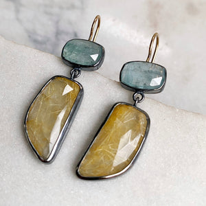 Teal Kyanite and Golden Rutilated Quartz Earrings
