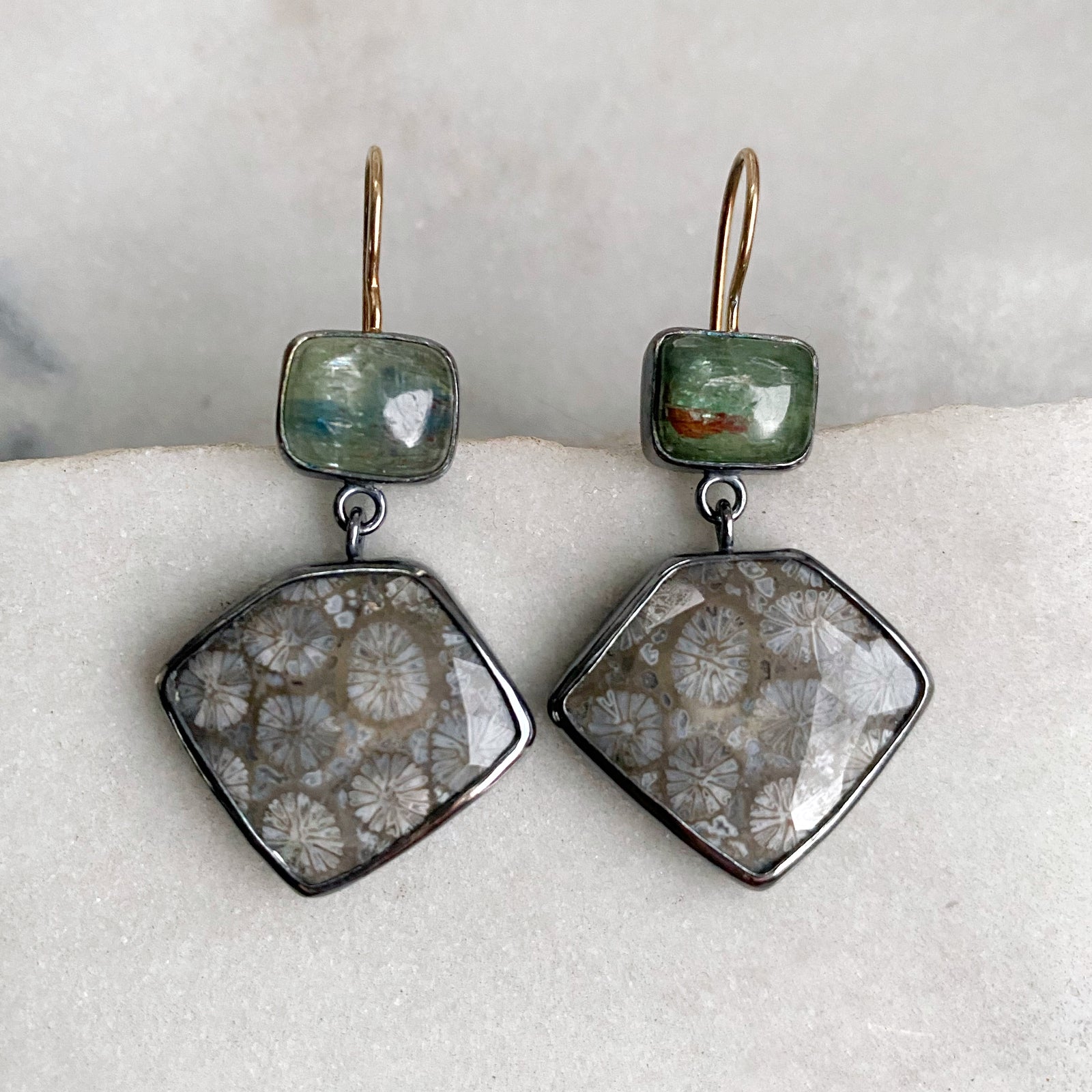 Green Kyanite and Fossilized Coral Earrings