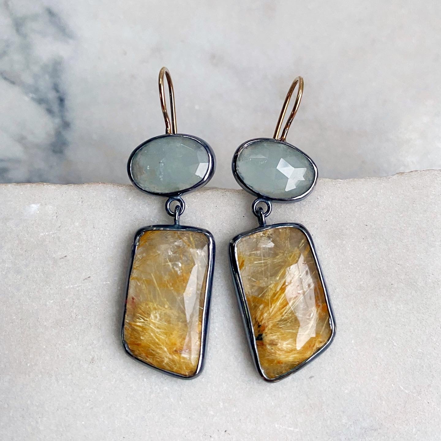 Aquamarine and Golden Rutilated Quartz Earrings