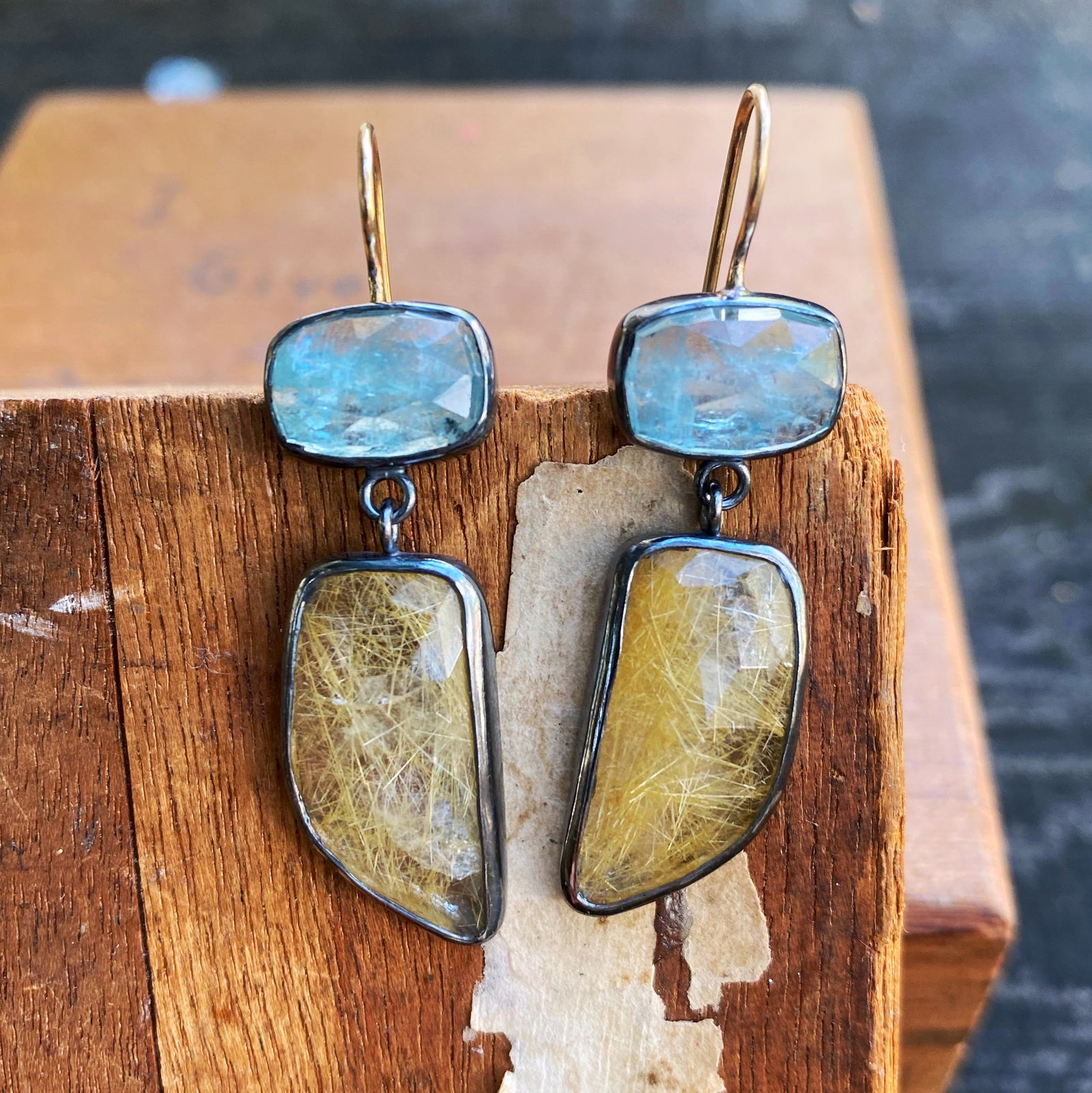 Teal Kyanite and Golden Rutilated Quartz Earrings