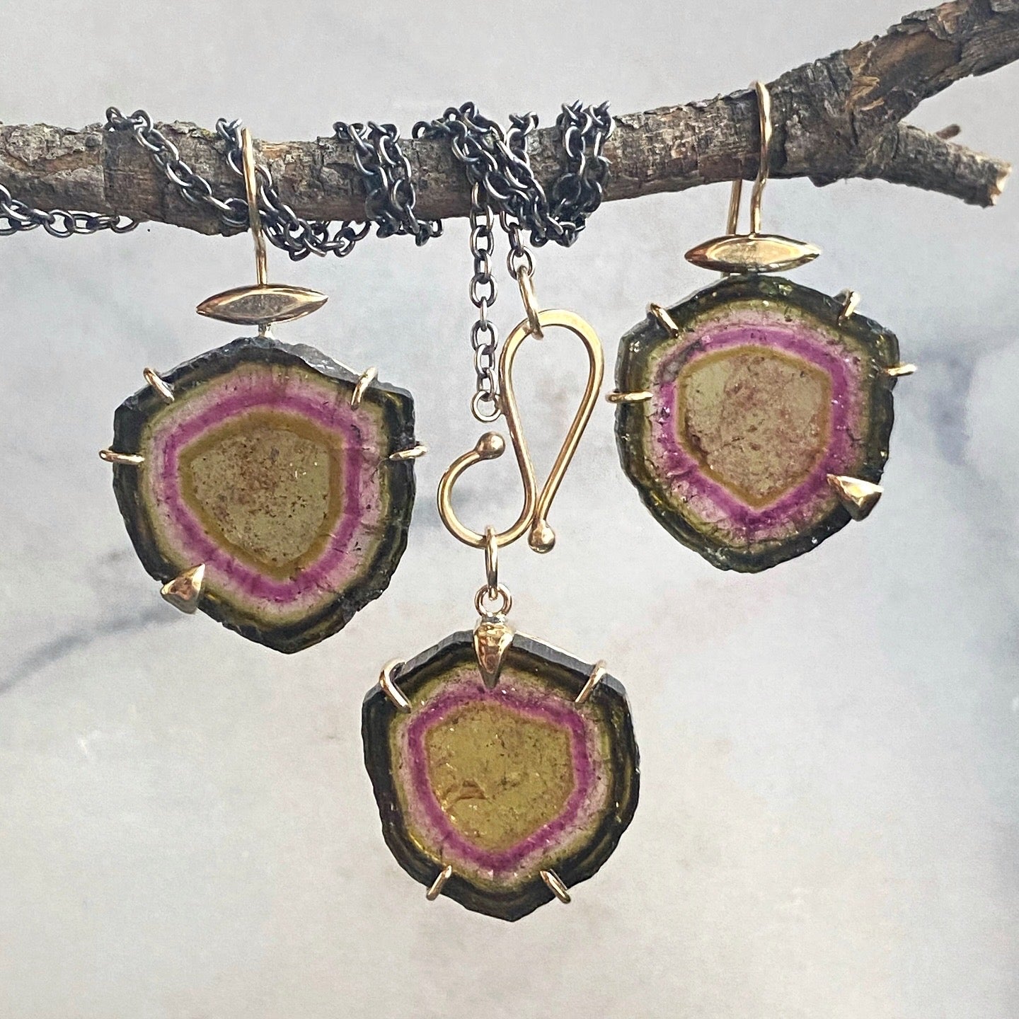 Custom Multicolor Tourmaline Earrings and Pendant