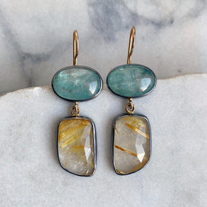 Teal Kyanite and Golden Rutilated Quartz Earrings