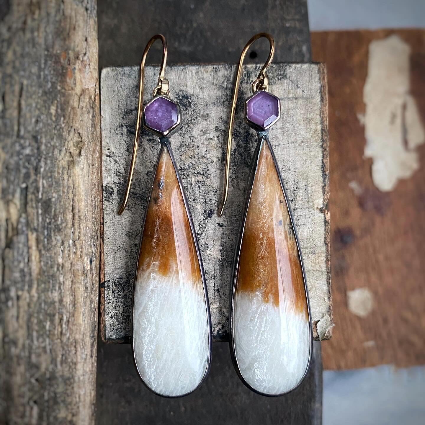 Golden Amazonite and Ruby Earrings